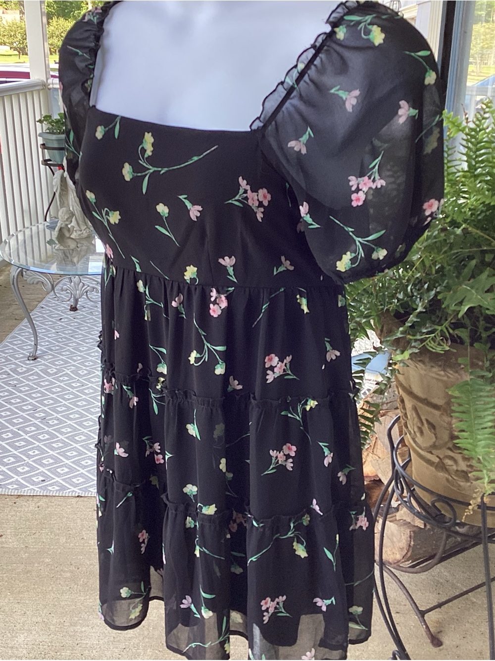 TRIXXI Summer Ready Black Floral Dress with Green and Pink Accents Junior size L